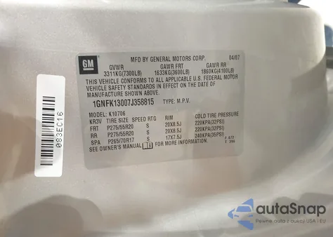 2007 Chevrolet Tahoe Ltz из США, поврежденный, VIN 1GNFK13007J358815